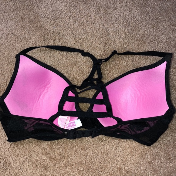 Pink Victoria’s Secret black lace Strappy bra racer back size 32D lightly lined - Picture 6 of 8